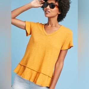 Anthropologie Left of Center Women's Marigold V-Neck Ruffle Hem Top